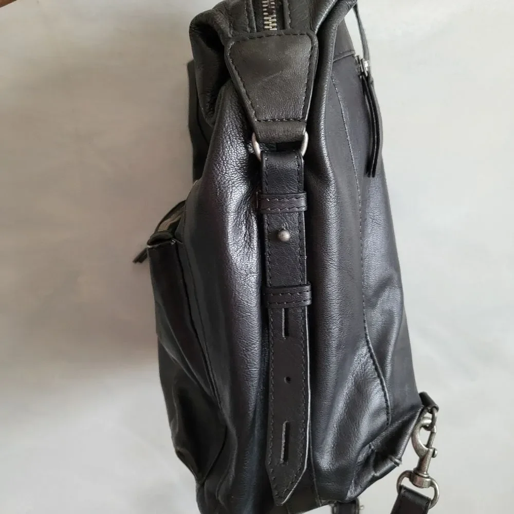 Lucky Brand Women's Black Leather Small Medium Backpack Purse Braided Hook Boho